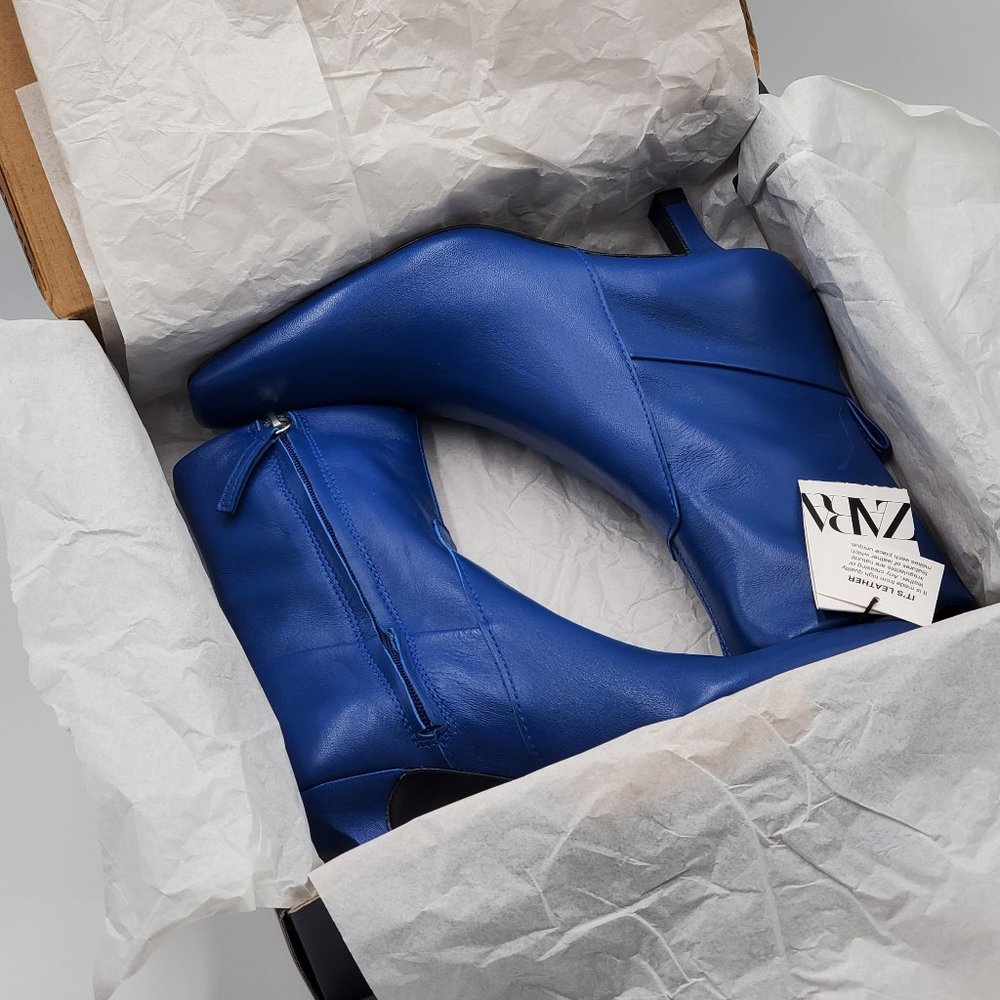 Zara Electric Blue Leather Kitten Heel Booties - NWT - Picture 11 of 16